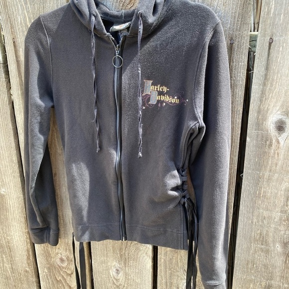 Women's Harley Davidson Hoodie Spell-Out Double Side M Lace Biker Full Zip Cycle - Picture 3 of 16